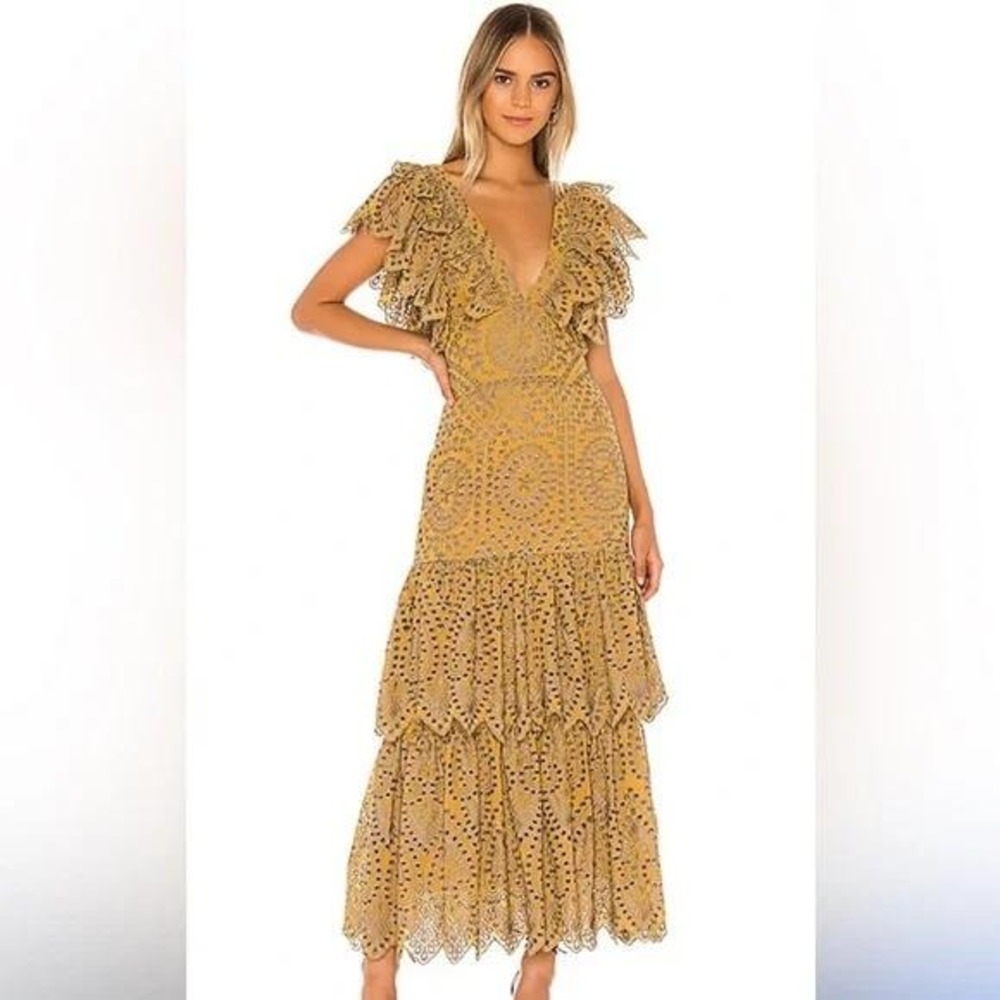 REVOLVE Mustard Yellow Eyelet Lace Maxi Dress